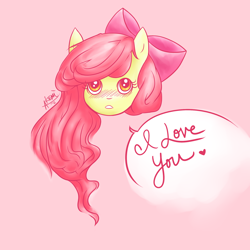 Size: 2000x2000 | Tagged: safe, artist:myphobia, imported from derpibooru, apple bloom, earth pony, pony, blushing, female, filly, head only, heart, high res, looking at you, solo, speech bubble