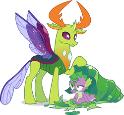 Size: 3000x2774 | Tagged: safe, artist:frownfactory, imported from derpibooru, spike, thorax, changedling, changeling, dragon, to where and back again, antlers, changeling slime, cocoon, cute, high res, horn, king thorax, male, simple background, slime, spikabetes, thorabetes, transparent background, vector, wings