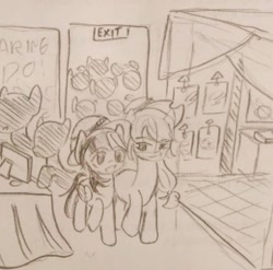 Size: 640x633 | Tagged: safe, artist:snowzaaah, imported from derpibooru, applejack, rainbow dash, earth pony, pegasus, pony, appledash, appledashdailydoodles, doodle, female, lesbian, monochrome, pencil drawing, shipping, sketch, traditional art