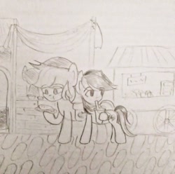 Size: 640x636 | Tagged: safe, artist:snowzaaah, imported from derpibooru, applejack, rainbow dash, earth pony, pegasus, pony, appledash, appledashdailydoodles, doodle, female, lesbian, monochrome, pencil drawing, shipping, sketch, traditional art