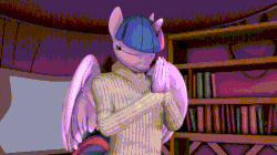 Size: 702x394 | Tagged: safe, artist:phantim, edit, imported from derpibooru, twilight sparkle, alicorn, anthro, 3d, animated, boi, book, bookshelf, deep breath, eyes closed, female, frown, gif, hands together, horn, meme, partially open wings, solo, wings
