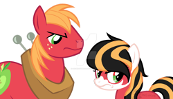 Size: 1024x590 | Tagged: safe, artist:hovesoffire48, imported from derpibooru, big macintosh, oc, oc:thunder apple, earth pony, pony, angry, base used, coat markings, deviantart watermark, father and child, father and daughter, female, filly, frown, horse collar, male, obtrusive watermark, offspring, parent:big macintosh, parents:canon x oc, simple background, transparent background, watermark
