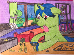 Size: 1024x768 | Tagged: safe, artist:sweetiebot3000, imported from derpibooru, oc, oc only, oc:neon kitbash, pony, unicorn, bed, gundam, male, solo, stallion, tongue out, traditional art, tree, window