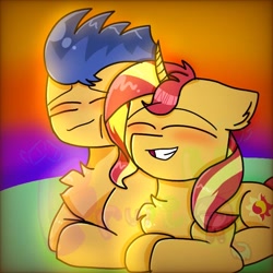 Size: 768x768 | Tagged: safe, artist:appleisfruit, imported from derpibooru, flash sentry, sunset shimmer, pegasus, pony, unicorn, equestria girls, blushing, chest fluff, eyes closed, female, flashimmer, grin, lying down, male, prone, shipping, side by side, smiling, straight, watermark