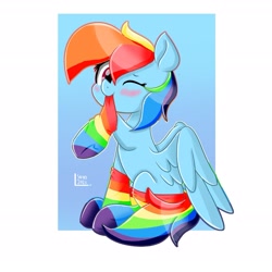 Size: 2039x2039 | Tagged: safe, artist:skylinepony_, imported from derpibooru, rainbow dash, pegasus, pony, blushing, clothes, cute, dashabetes, female, high res, looking at you, mare, mouth hold, one eye closed, rainbow socks, simple background, smiling, smiling at you, socks, solo, striped socks