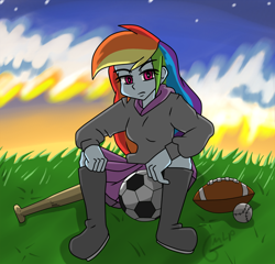 Size: 1100x1056 | Tagged: safe, artist:genericmlp, imported from derpibooru, rainbow dash, equestria girls, american football, ball, baseball, baseball bat, clothes, football, skirt, solo, sports, sweater