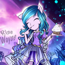 Size: 640x640 | Tagged: safe, artist:mira.veike, imported from derpibooru, izzy moonbow, equestria girls, cupcake, equestria girls-ified, eyes closed, food, g5, pony ears, youtube link