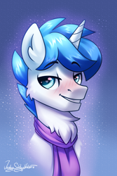 Size: 2000x3000 | Tagged: safe, artist:jedayskayvoker, imported from derpibooru, oc, oc only, pony, unicorn, blushing, bust, clothes, commission, cute, eyebrows, eyebrows up, eyebrows visible through hair, glitter, heart eyes, high res, icon, looking at you, male, portrait, scarf, solo, stallion, wingding eyes