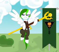 Size: 6095x5400 | Tagged: safe, artist:dtavs.exe, imported from derpibooru, oc, oc:flor de izote(izzi), pegasus, clothes, female, flag, hatchet, life staff, marauder, mare, new world (game), pants, pegasus oc, show accurate, skull, smiling, smirk, vest