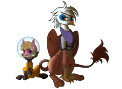 Size: 3179x2332 | Tagged: safe, artist:leesys, artist:turbovilka, imported from derpibooru, oc, oc only, oc:henrietta firebright, oc:puppysmiles, earth pony, griffon, pony, fallout equestria, fallout equestria: pink eyes, armor, fanfic art, high res, simple background, transparent background