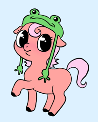 Size: 1022x1264 | Tagged: safe, artist:immunefox, imported from derpibooru, oc, earth pony, frog, pony, blank flank, clothes, cute, digital art, doodle, female, filly, hat, looking at you, pink, simple background