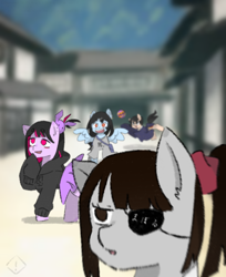 Size: 768x940 | Tagged: safe, artist:metaruscarlet, imported from derpibooru, oc, oc only, oc:anime-chan, oc:hanako (ice1517), oc:hera-chan, oc:ohasu, earth pony, pegasus, pony, bag, ball, clothes, ear piercing, earring, eyepatch, female, filly, hoodie, japan, japanese, jewelry, kimono (clothing), mare, open mouth, piercing, ponytail, shirt, skirt, t-shirt, village