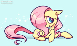 Size: 971x582 | Tagged: safe, artist:la-nita, imported from derpibooru, fluttershy, pegasus, pony, blue background, cute, daaaaaaaaaaaw, female, floppy ears, hair over one eye, looking at you, lying down, mare, prone, shyabetes, simple background, smiling, solo, turned head