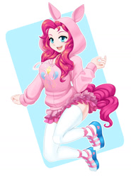 Size: 1280x1732 | Tagged: safe, artist:dstears, imported from derpibooru, pinkie pie, human, abstract background, amnibus, balloonbutt, breasts, butt, clothes, cute, diapinkes, female, happy, hoodie, humanized, open mouth, schrödinger's pantsu, shoes, skirt, smiling, socks, solo, stockings, tailed humanization, thigh highs, zettai ryouiki