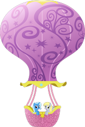 Size: 1341x2000 | Tagged: safe, artist:the smiling pony, imported from derpibooru, derpy hooves, trixie, pegasus, pony, unicorn, derpibooru, .svg available, derpibooru badge, hot air balloon, meta, simple background, smiling, svg, transparent background, twinkling balloon, vector