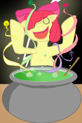 Size: 500x750 | Tagged: safe, artist:tyriusmoonstalker, imported from derpibooru, apple bloom, earth pony, pony, cauldron, female, filly, hair over one eye, open mouth, open smile, potion, smiling, solo