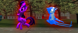 Size: 1363x580 | Tagged: safe, artist:smg4, imported from derpibooru, twilight sparkle, alicorn, pony, building, cameo, cameo in youtube video, crazy eyes, crossover, crossover shipping, female, grass, levitation, magic, magic aura, male, mare, mordecai, mordetwi, regular show, shipping, shocked, shocked expression, smg4, straight, street, telekinesis, tree, twilight sparkle (alicorn)