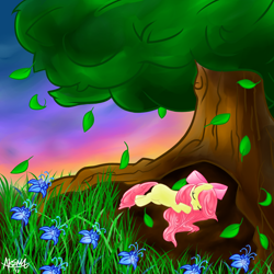 Size: 2000x2000 | Tagged: safe, artist:myphobia, imported from derpibooru, apple bloom, earth pony, pony, female, filly, flower, high res, leaf, leaves, orchard, poison joke, sleeping, solo, tree