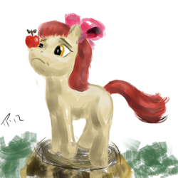 Size: 900x900 | Tagged: safe, artist:juleppony, imported from derpibooru, apple bloom, earth pony, pony, apple, balancing, female, filly, food, ponies balancing stuff on their nose, solo