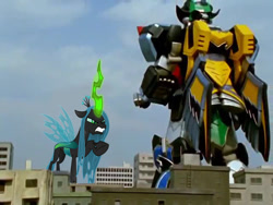 Size: 640x480 | Tagged: safe, edit, imported from derpibooru, queen chrysalis, city, female, macro, magiking, magiranger, mahou sentai magiranger, mecha, megazord, mystic force, photo, power rangers, power rangers mystic force, super sentai, titan megazord