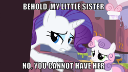 Size: 1066x600 | Tagged: safe, edit, edited screencap, editor:twi clown, imported from derpibooru, screencap, rarity, sweetie belle, pony, unicorn, season 2, sisterhooves social, caption, door, duo, female, filly, image macro, mare, text