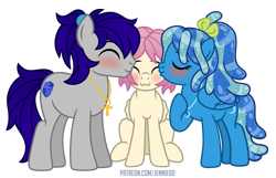 Size: 1100x710 | Tagged: safe, artist:jennieoo, imported from derpibooru, oc, oc:gentle star, oc:maverick, oc:ocean soul, earth pony, elemental, pegasus, pony, water elemental, blushing, cheek kiss, cute, friends, kiss sandwich, kissing, ocbetes, ponytail, ribbon, show accurate, simple background, transparent background, vector