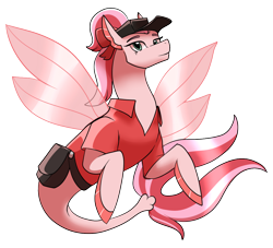 Size: 1046x949 | Tagged: safe, artist:eternity9, imported from derpibooru, oc, oc only, seapony (g4), bag, clothes, crossover, digital art, female, fin wings, fins, fish tail, green eyes, hat, looking at you, seaponified, simple background, smiling, solo, species swap, tail, transparent background, wings