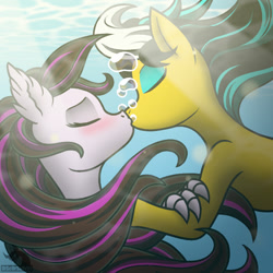 Size: 700x700 | Tagged: safe, artist:discorsaurus, imported from derpibooru, oc, oc only, earth pony, hippogriff, pony, blushing, bubble, claws, colored pupils, crepuscular rays, digital art, ear fluff, eyes closed, female, flowing mane, kissing, lake, shipping, sunlight, underwater, water