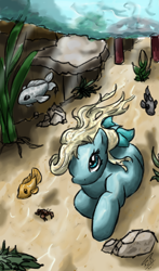 Size: 480x815 | Tagged: safe, artist:kyuushi, imported from derpibooru, oc, oc only, fish, merpony, sea pony, blue eyes, digital art, female, fish tail, flowing mane, river, rock, seaweed, solo, speedpaint, swimming, tail, underwater, water