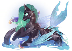 Size: 1280x908 | Tagged: safe, artist:pharaohy, imported from derpibooru, oc, oc only, hybrid, merpony, seapony (g4), chest fluff, commission, dorsal fin, ear fluff, feather, fins, fish tail, flowing mane, flowing tail, green eyes, green mane, signature, simple background, solo, tail, water, white background, wings