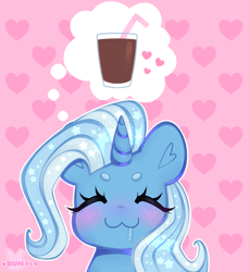 Size: 2763x3000 | Tagged: safe, artist:bunxl, imported from derpibooru, trixie, pony, unicorn, :3, beanbrows, blushing, chocolate, chocolate milk, commission, cute, diatrixes, drool, eyebrows, eyes closed, food, happy, heart, high res, milk, smiling, solo, thought bubble