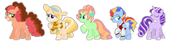 Size: 1280x322 | Tagged: safe, artist:strawberry-spritz, artist:yourrdazzle, imported from derpibooru, oc, oc:cyrus sky, oc:marigold belle, oc:marzipan merengue pie, oc:peach blossom, oc:vixen eclipse, earth pony, pegasus, pony, unicorn, base used, bow, clothes, female, hair bow, hat, jacket, magical lesbian spawn, mare, offspring, parent:applejack, parent:big macintosh, parent:cheese sandwich, parent:flash magnus, parent:fluttershy, parent:pinkie pie, parent:rainbow dash, parent:rarity, parent:sunset shimmer, parent:twilight sparkle, parents:cheesepie, parents:dashmagnus, parents:fluttermac, parents:rarijack, parents:sunsetsparkle, simple background, smiling, sun hat, sweater, transparent background, watermark