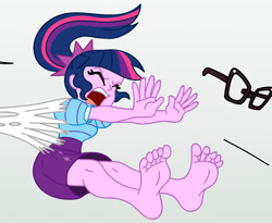 Size: 1072x879 | Tagged: safe, artist:niban-destikim, edit, imported from derpibooru, sci-twi, twilight sparkle, spider, comic:the shrinking project, equestria girls, barefoot, cropped, danger, feet, fetish, foot fetish, missing shoes, pulling, soles, solo, spider web, toes