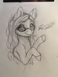 Size: 768x1024 | Tagged: safe, artist:miokomata, imported from derpibooru, oc, oc only, earth pony, pony, female, glasses, grayscale, looking at you, mare, monochrome, pencil drawing, smiling, smiling at you, solo, traditional art