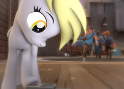 Size: 1494x1077 | Tagged: source needed, useless source url, safe, artist:derpyanon_, imported from derpibooru, derpy hooves, human, pegasus, pony, /mlp/ tf2 general, 3d, crossover, cute, derpabetes, engineer, payload cart, pyro, red button, remote, running, scout, source filmmaker, team fortress 2, this will end in explosions