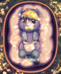 Size: 864x1057 | Tagged: safe, artist:binkyroom, imported from derpibooru, oc, oc only, pony, basket, commission, cute, dappled sunlight, diaper, foal, forest background, grass, looking at you, pacifier, smiling, smiling at you, solo, sunlight, ych result