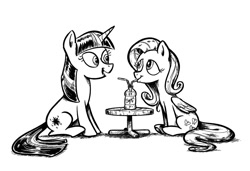 Size: 1059x726 | Tagged: safe, artist:mellodillo, imported from derpibooru, fluttershy, twilight sparkle, pegasus, pony, unicorn, black and white, drink, drinking, drinking straw, duo, duo female, female, grayscale, lesbian, looking at each other, mare, monochrome, sharing a drink, shipping, simple background, twishy, unicorn twilight, white background