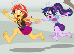 Size: 487x354 | Tagged: safe, artist:niban-destikim, imported from derpibooru, sci-twi, sunset shimmer, twilight sparkle, comic:the shrinking project, equestria girls, barefoot, cropped, duo, feet, soles, toes