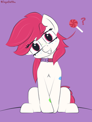 Size: 3120x4160 | Tagged: safe, artist:sugardotxtra, imported from derpibooru, oc, oc only, oc:sugar dot, pony, candy, collar, food, grin, head tilt, lollipop, looking at you, pony pet, question mark, simple background, smiling, smiling at you