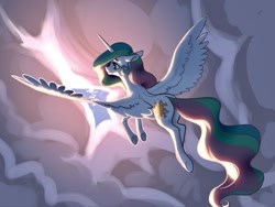 Size: 2224x1668 | Tagged: safe, artist:needed, princess celestia, alicorn, pony, cloud, flying, smiling, spread wings, wings