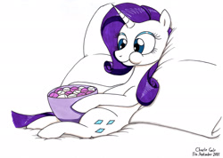 Size: 1920x1367 | Tagged: safe, artist:killerteddybear94, imported from derpibooru, rarity, pony, unicorn, bed, bowl, cute, eating, female, food, marshmallow, puffy cheeks, raribetes, smiling, solo, traditional art