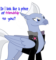 Size: 1024x1107 | Tagged: safe, artist:damiranc1, imported from derpibooru, oc, oc:roe pearl, classical hippogriff, hippogriff, clothes, eyebrows, jacket, male, raised eyebrow, roe pearl is not amused, ron perlman, simple background, solo, text, transparent background, vector