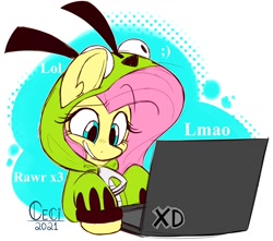 Size: 1200x1061 | Tagged: safe, artist:wutanimations, imported from derpibooru, fluttershy, pegasus, pony, abstract background, antonymph, clothes, computer, female, fluttgirshy, gir, grin, high res, hoodie, invader zim, laptop computer, lmao, lol, mare, rawr, signature, smiling, solo, winky face, x3, xd, zipper