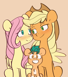 Size: 2121x2401 | Tagged: safe, artist:chub-wub, imported from derpibooru, applejack, fluttershy, hitch trailblazer, earth pony, pegasus, pony, appleshy, blushing, chest fluff, colt, colt hitch trailblazer, cute, female, g4, g5, g5 to g4, grin, headcanon, high res, hitchbetes, jackabetes, lesbian, looking at each other, magical lesbian spawn, male, mare, markings, mother and child, mother and son, offspring, orange background, parent:applejack, parent:fluttershy, parents:appleshy, shipping, shyabetes, simple background, sitting, smiling