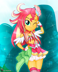 Size: 2630x3257 | Tagged: safe, artist:charliexe, imported from derpibooru, sunset shimmer, equestria girls, alternate hairstyle, anime, clothes, commission, cosplay, costume, crossover, cure flamingo, dress, female, fingerless gloves, gloves, hand on hip, high res, looking at you, one eye closed, pretty cure, smiling, smiling at you, solo, tropical rouge precure, tropical rouge pretty cure, wink, winking at you