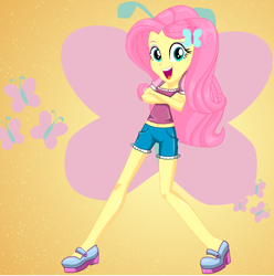 Size: 596x602 | Tagged: safe, artist:kimpossiblelove, imported from derpibooru, fluttershy, equestria girls, clothes, crossed arms, female, looking at you, open mouth, open smile, shorts, smiling, smiling at you, solo