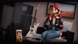 Size: 9600x5400 | Tagged: safe, artist:imafutureguitarhero, imported from derpibooru, sunset shimmer, anthro, unicorn, art pack:fun n games artpack, 3d, absurd file size, absurd resolution, amplifier, black bars, book, cable, cheek fluff, chromatic aberration, clothes, coffee table, colored eyebrows, colored eyelashes, controller, couch, crt tv, dutch angle, ear fluff, female, film grain, fingerless gloves, fluffy, freckles, fur, gloves, guitar, guitar amp, guitar cabinet, guitar hero, guitar hero controller, heavy metal, indoors, jacket, jeans, leather gloves, leather jacket, long hair, long mane, magazine, mare, multicolored hair, multicolored mane, multicolored tail, musical instrument, nose wrinkle, painting, pants, peppered bacon, playing instrument, playing video games, revamped anthros, revamped ponies, rock (music), rocker, shirt, signature, smiling, solo, source filmmaker, sunset shredder, table, television, vcr, video game, wall of tags, xbox 360, xbox 360 controller