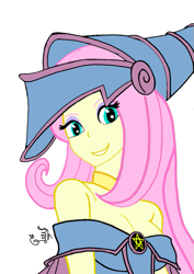 Size: 651x920 | Tagged: safe, artist:flutteryaylove, imported from derpibooru, fluttershy, equestria girls, anime, breasts, cleavage, clothes, cosplay, costume, dark magician girl, female, looking at you, simple background, smiling, solo, white background, yu-gi-oh!