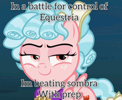 Size: 1308x1070 | Tagged: safe, imported from derpibooru, cozy glow, school raze, exploitable meme, female, filly, implied king sombra, meme, smug, text