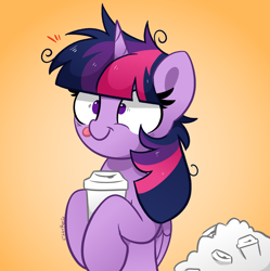 Size: 3040x3056 | Tagged: safe, artist:kittyrosie, imported from derpibooru, twilight sparkle, alicorn, pony, :p, coffee, cute, derp, drink, drinking, female, gradient background, high res, hypercaffinated, mare, messy mane, mismatched eyes, solo, tongue out, twiabetes, twilight snapple, twilight sparkle (alicorn), twilynanas